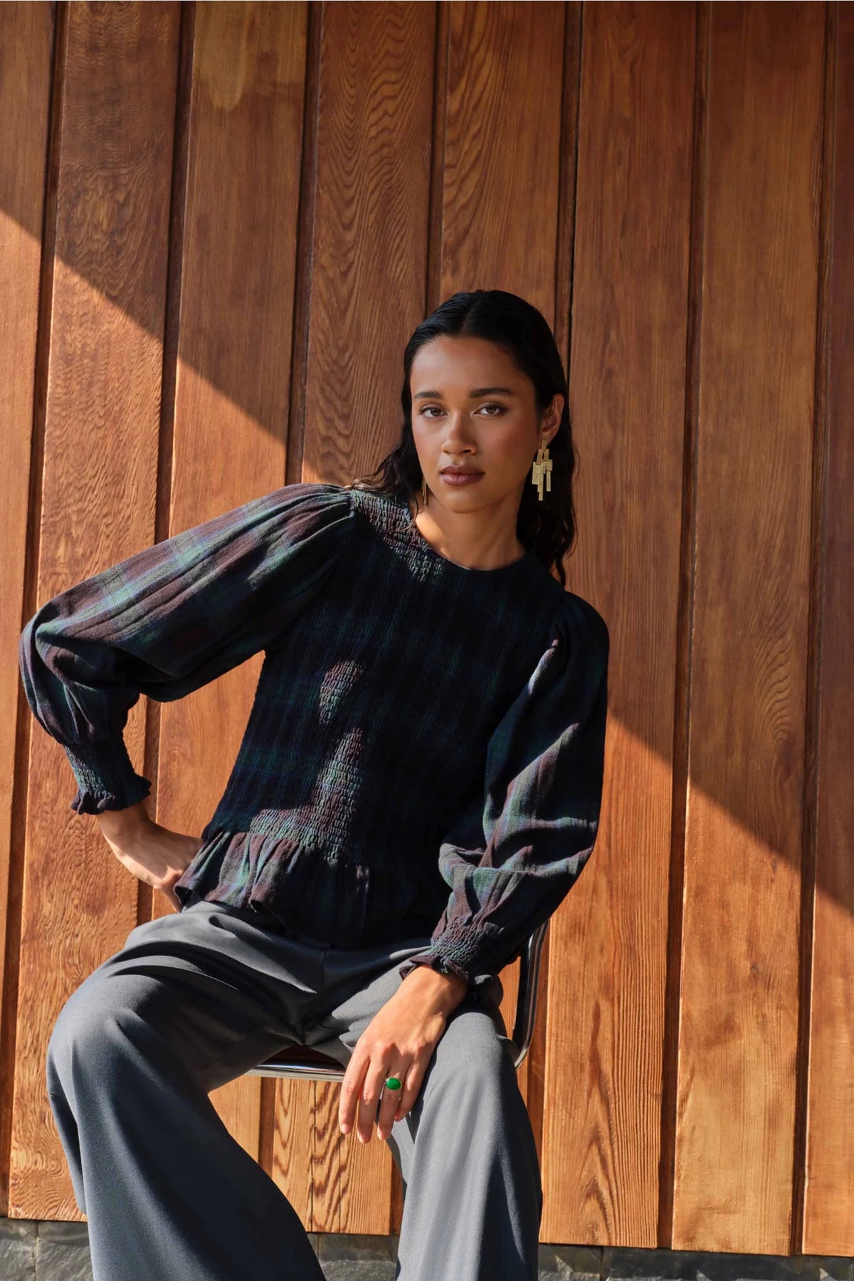 YENA GREEN CHECK BLOUSE - BY-BAR