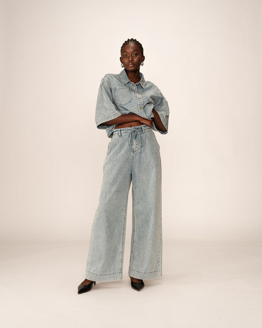 JEANS POMPON SKY BLUE - Grace & Mila